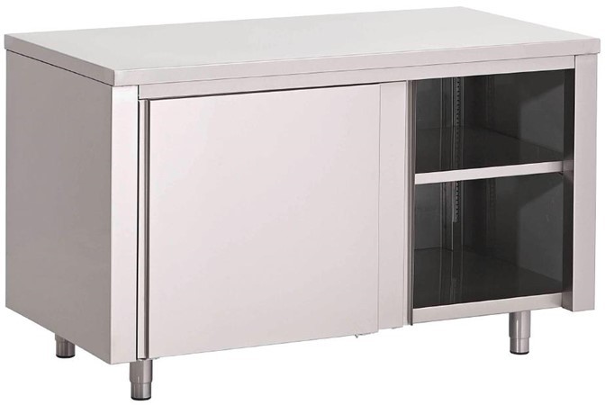  Gastro M Arbeitstisch mit Regal und Schiebet&uuml;ren 120cm lang 