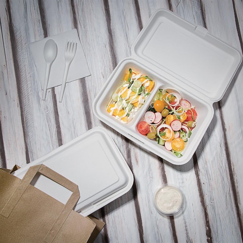  Fiesta Green kompostierbare Men&uuml;boxen aus Bagasse mit Klappdeckel wei&szlig; 2-geteilt (200 St&uuml;ck) 