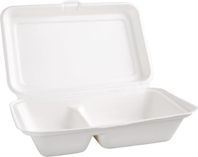  Fiesta Green kompostierbare Men&uuml;boxen aus Bagasse mit Klappdeckel wei&szlig; 2-geteilt (200 St&uuml;ck) 