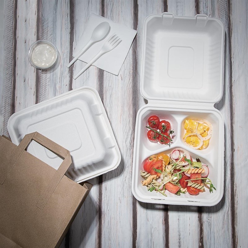  Fiesta Green kompostierbare Men&uuml;boxen aus Bagasse mit Klappdeckel 3-geteilt (200 St&uuml;ck) 