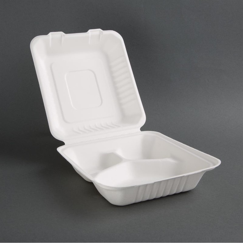  Fiesta Green kompostierbare Men&uuml;boxen aus Bagasse mit Klappdeckel 3-geteilt (200 St&uuml;ck) 