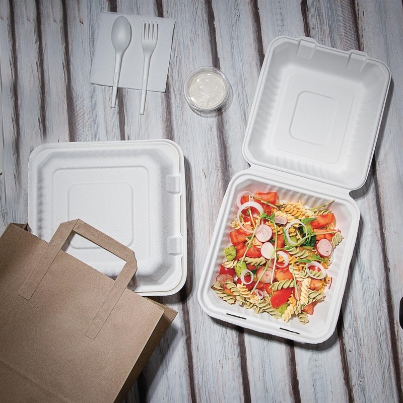  Fiesta Green kompostierbare Men&uuml;boxen aus Bagasse mit Klappdeckel 23,6cm (200 St&uuml;ck) 
