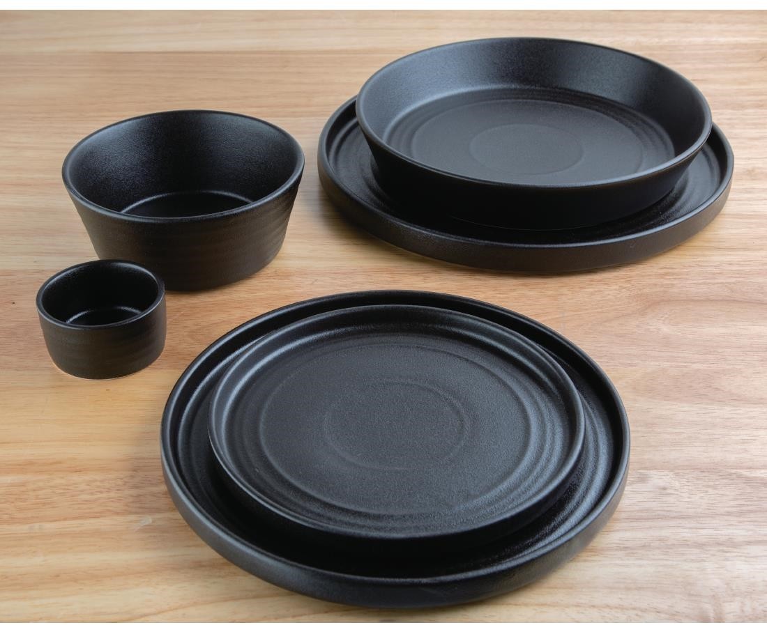  Olympia Cavolo Flache Runde Schalen Texturiert Schwarz 143mm (6 St&uuml;ck) 
